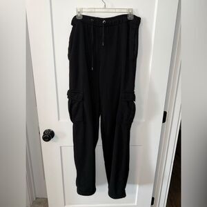 Black Cargo Pants with Elastic Waistband and Tapered Legs